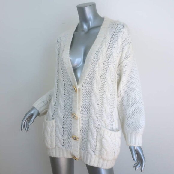 Alessandra Rich Crystal-Button Oversized Cable Knit Cardigan Cream Size 40 - Picture 3 of 6